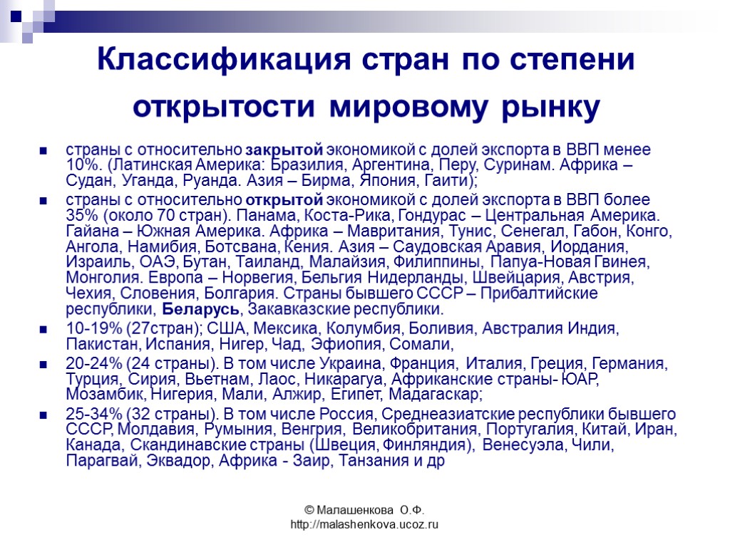 © Малашенкова О.Ф. http://malashenkova.ucoz.ru Классификация стран по степени открытости мировому рынку страны с относительно
